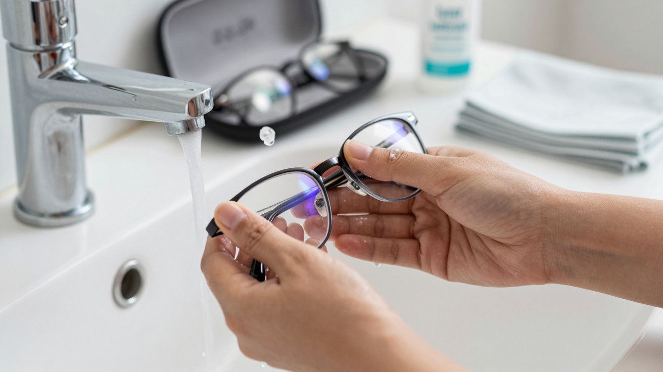 Mãos a lavar óculos debaixo de uma torneira num lavatório, com um estojo de óculos e toalhas ao fundo.
