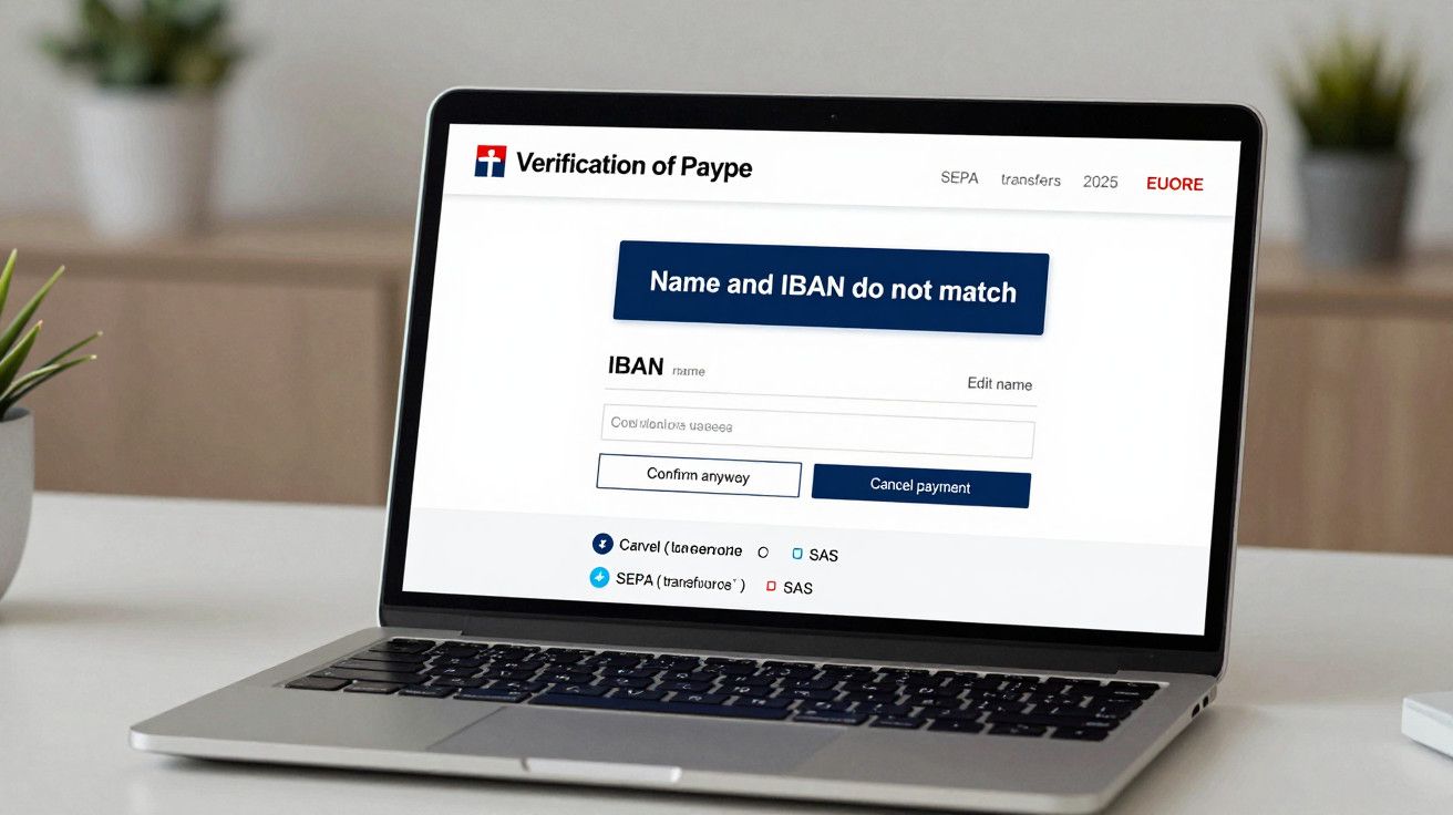 Ecrã de portátil com mensagem "Nome e IBAN não coincidem" num formulário de verificação de pagamento.