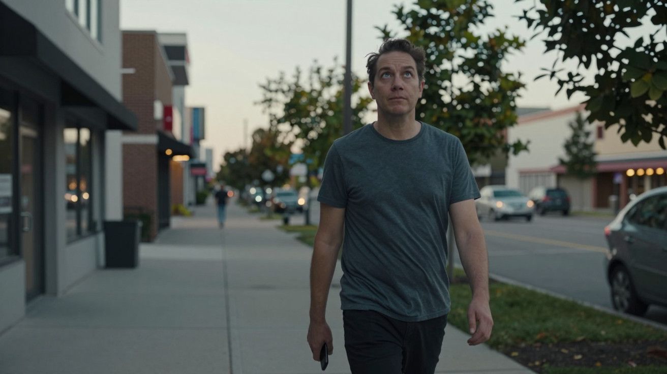 Homem a caminhar numa rua urbana, vestindo uma camisola cinza e segurando um telemóvel. Árvores e prédios ao fundo.