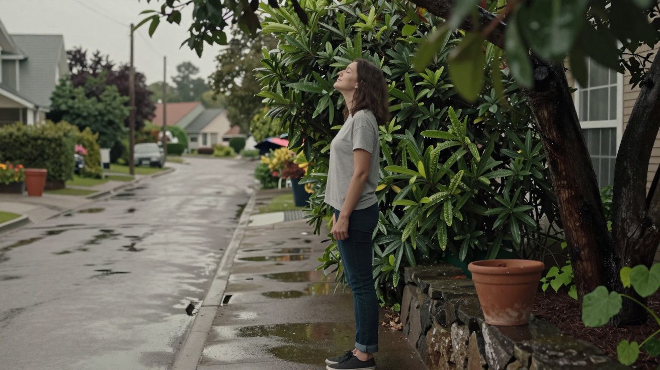 Mulher em pé na calçada molhada, cercada por folhagem, olhando para cima em dia nublado.