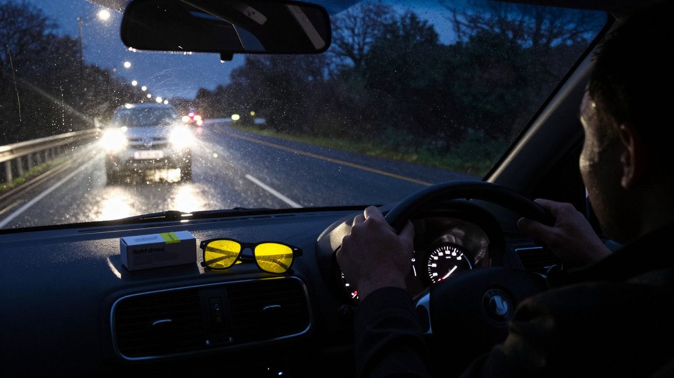 Condutor à noite numa estrada molhada, vendo carros com faróis acesos pela frente.