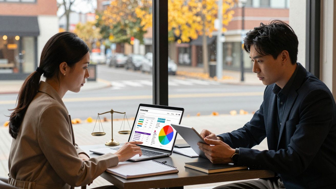 Duas pessoas numa mesa de escritório analisam gráficos num ecrã de portátil e tablet, com balança de justiça ao lado.