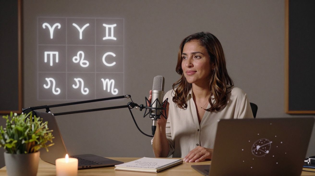 Mulher apresentando num podcast com símbolos de zodíaco projetados. Escritório com vela e plantas.