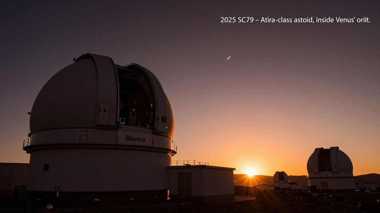 Observatório ao pôr do sol com cúpulas abertas, texto sobre asteroide 2025 SC79 no céu.