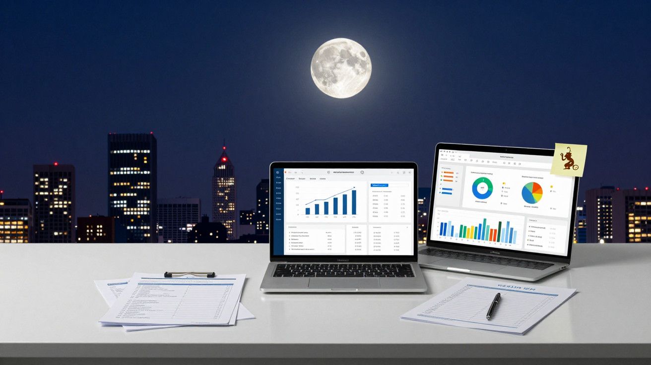 Dois portáteis com gráficos financeiros sobre uma mesa, ao fundo uma cidade iluminada pela lua cheia.