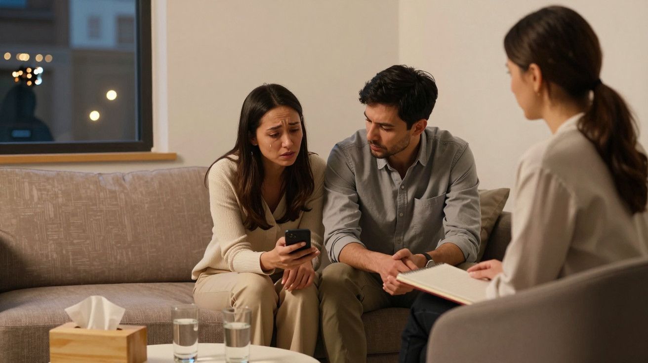 Casal sentado no sofá, olhando para um telemóvel, com terapeuta a escrever notas.