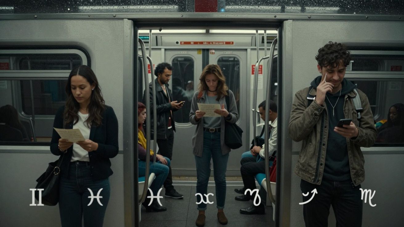 Três pessoas de pé num comboio, duas a ler papéis, uma a olhar para o telemóvel. Símbolos astrológicos no fundo.