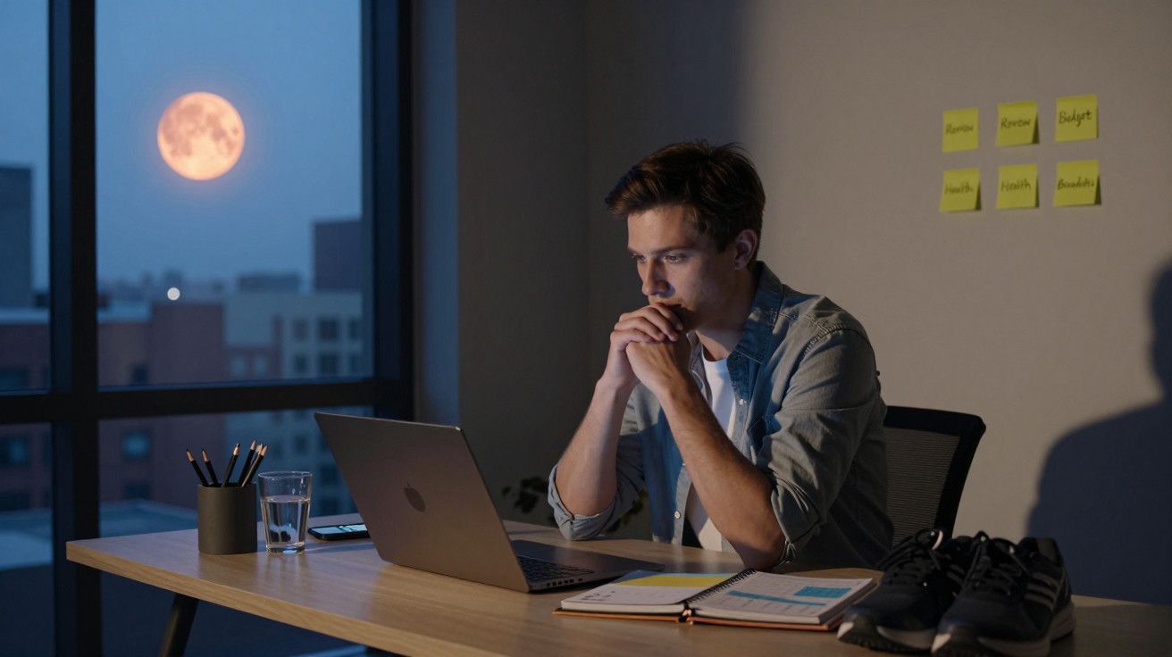 Homem trabalha no portátil à noite junto a uma janela, com lua cheia visível.
