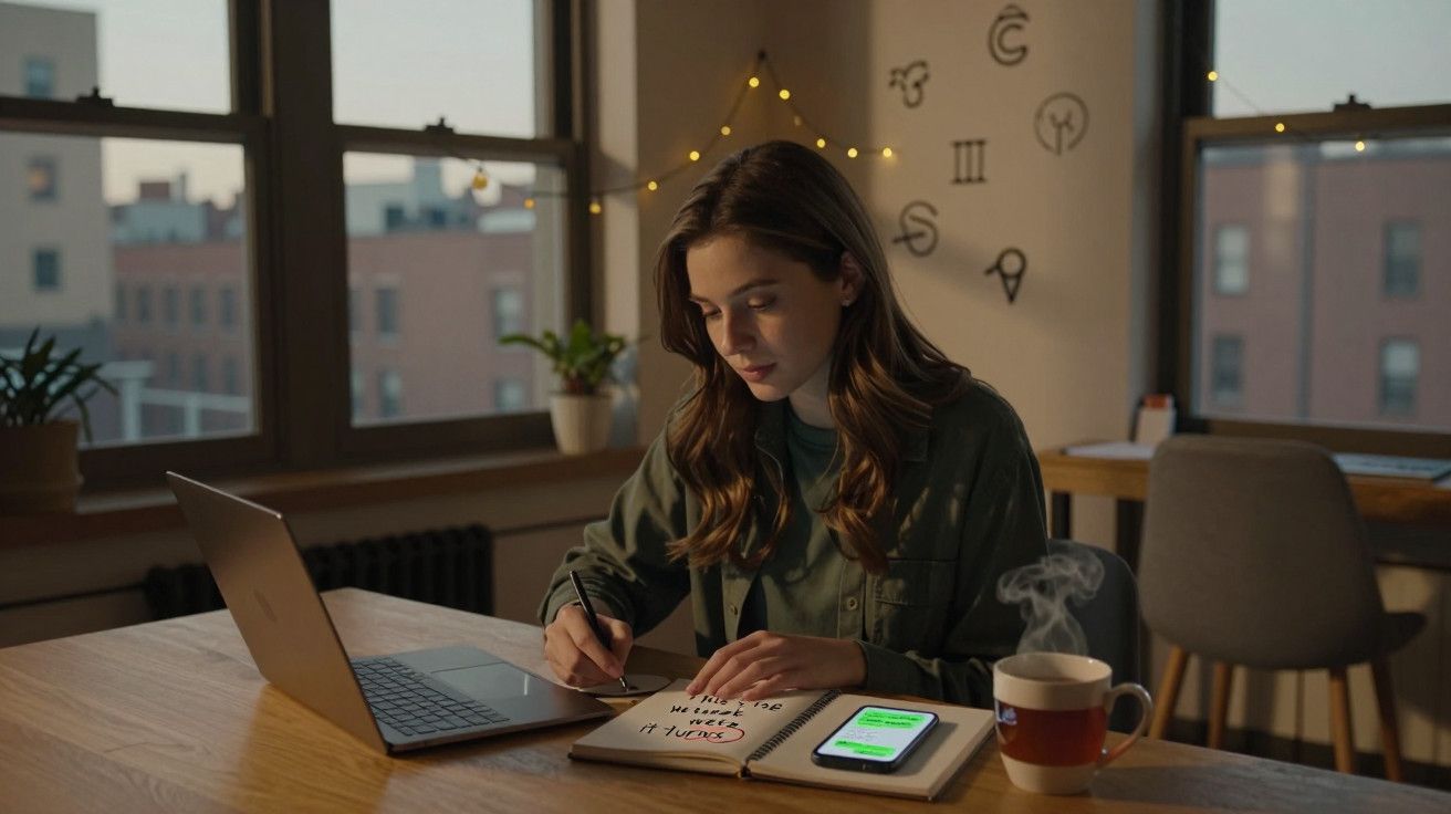 Mulher escrevendo em caderno numa mesa com portátil e chávena em ambiente acolhedor.