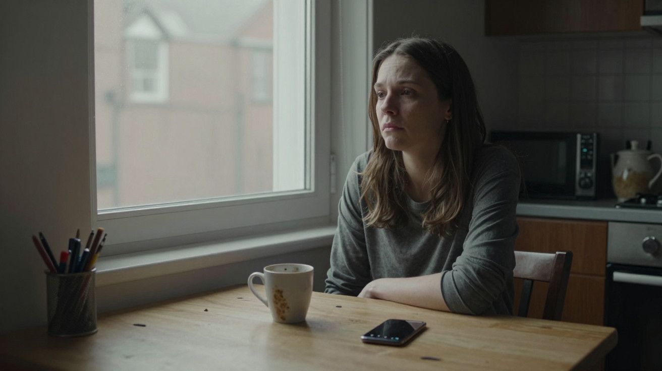 Mulher sentada à mesa de cozinha, olhando pela janela com expressão pensativa, chávena e telemóvel à frente.