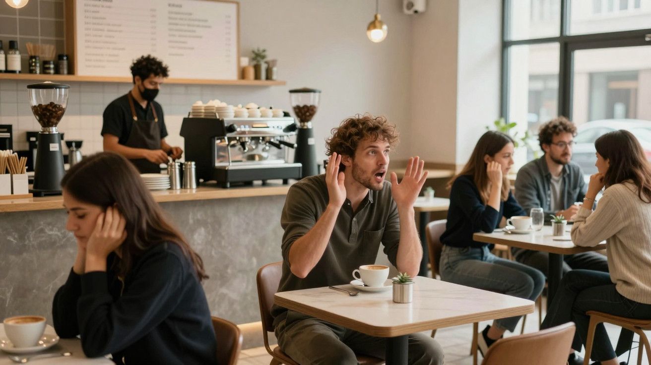 Cafetaria movimentada com pessoas a conversar e a tomar café; barista ao fundo a preparar bebidas.