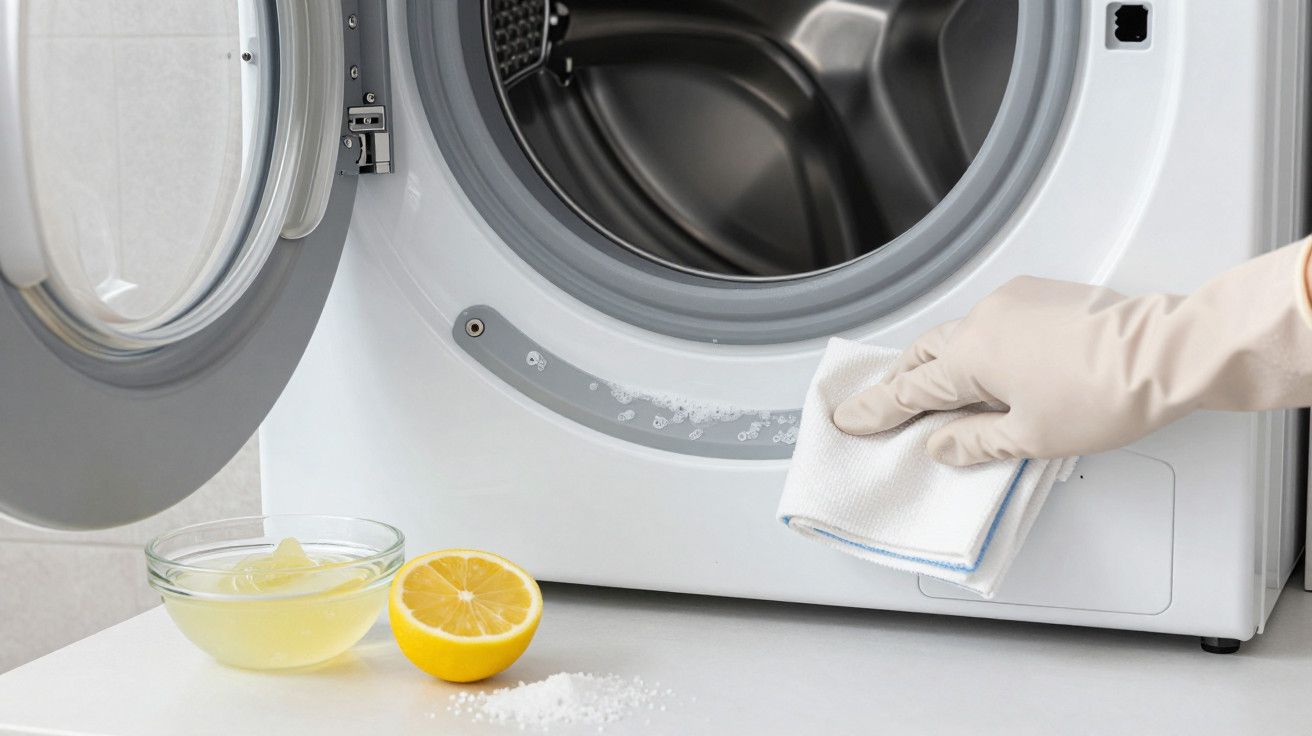 Mão com luva limpa máquina de lavar com pano. Limão e bicarbonato de sódio à frente.