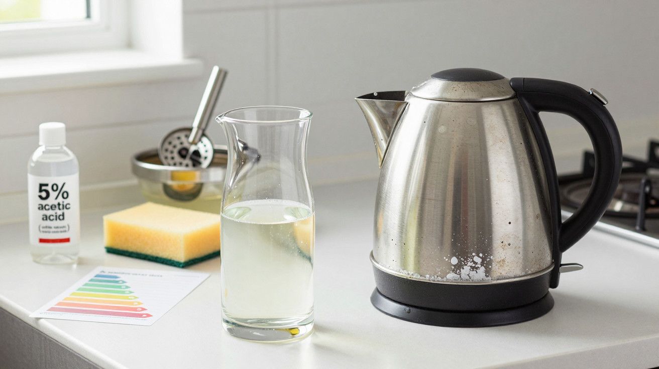 Chaleira elétrica numa bancada com ácidos, esponja e jarro de vidro.