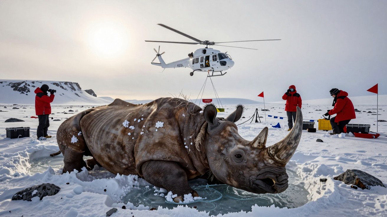 Rinoceronte deitado na neve com helicóptero ao fundo e cientistas em roupas vermelhas.
