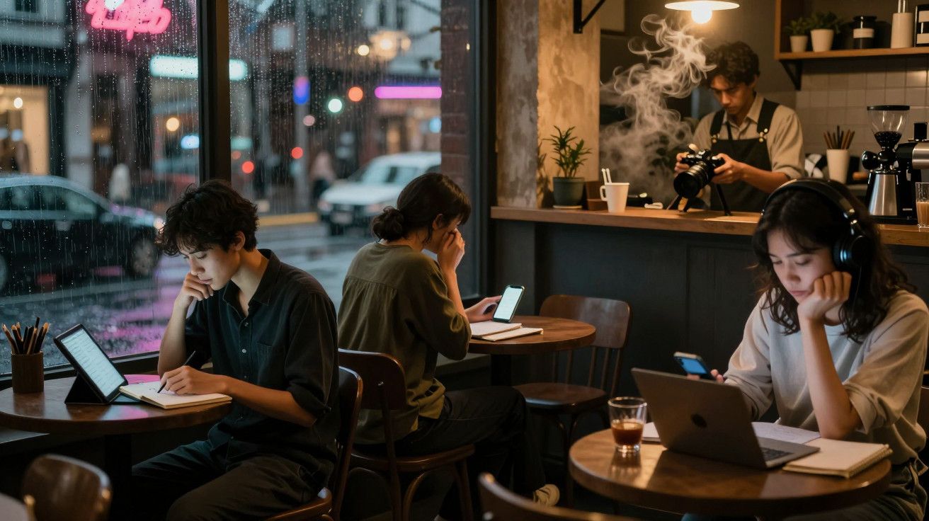 Café acolhedor em dia de chuva, com pessoas concentradas em computadores e livros enquanto barista prepara bebida.