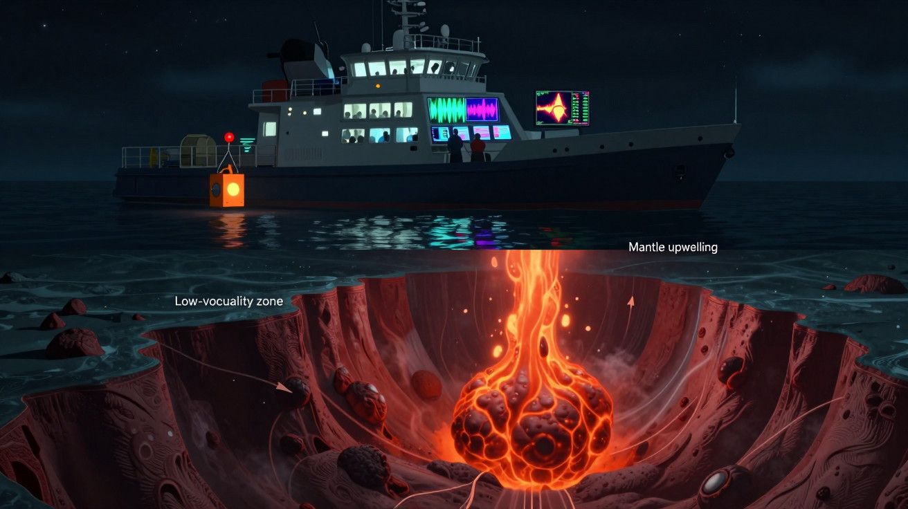 Navio de pesquisa no oceano investiga atividade vulcânica subaquática com gráficos de sondagem sísmica a bordo.