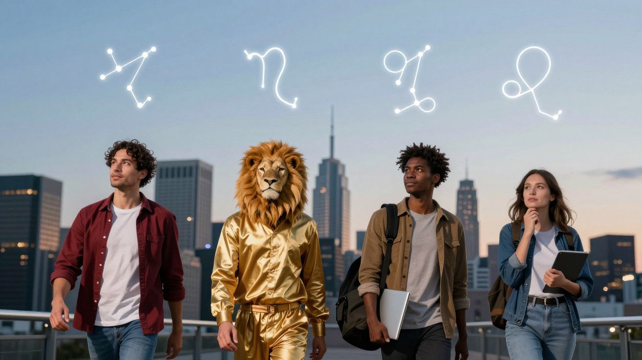 Quatro pessoas a caminhar na cidade ao entardecer, uma vestida de leão, com constelações no céu.