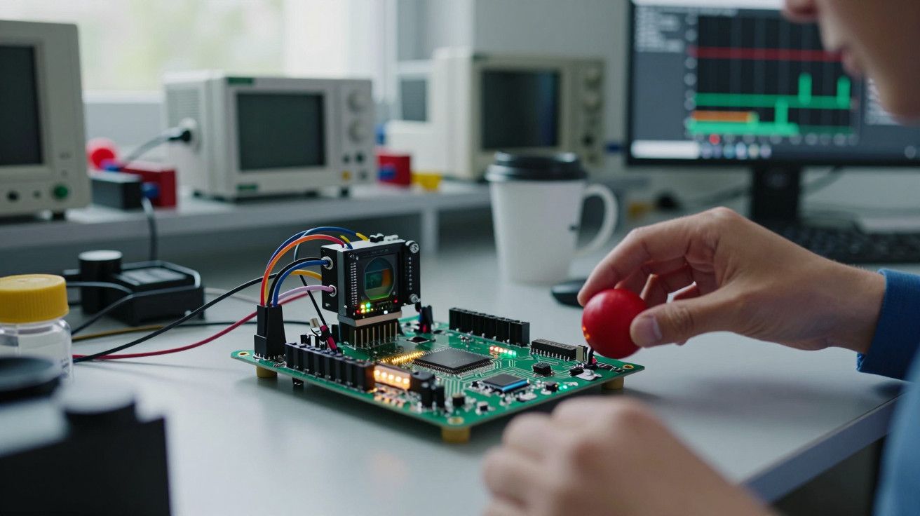 Pessoa a ajustar placa de circuito numa mesa de laboratório com computadores ao fundo.