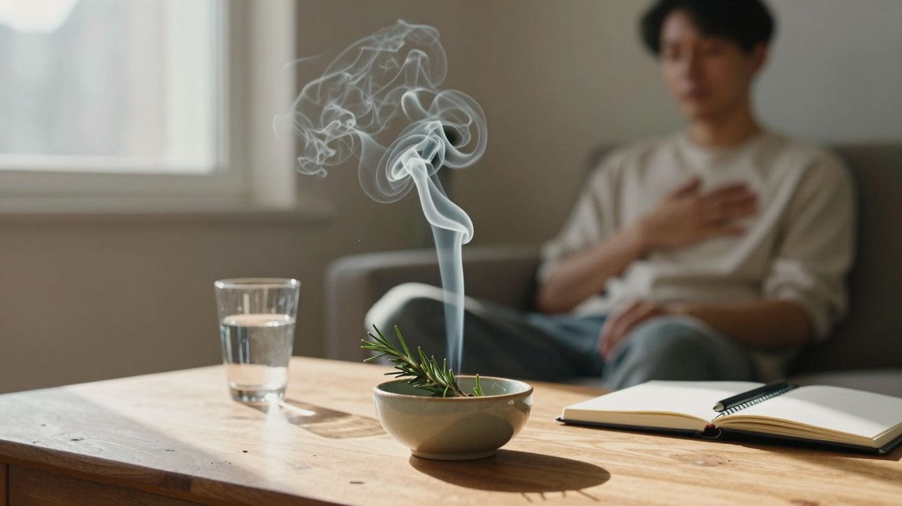 Fumegador de ervas numa mesa de madeira ao lado de um copo de água e um caderno; ao fundo, pessoa desfocada.