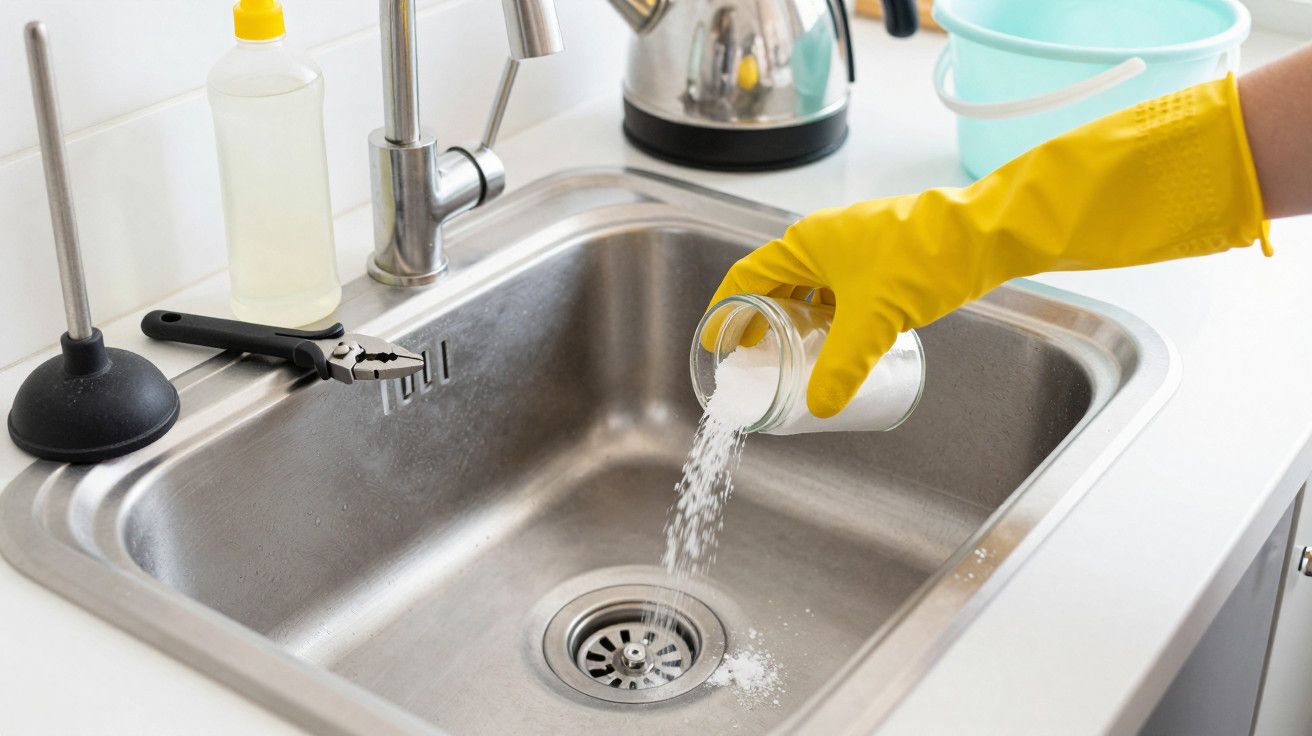 Mão com luva amarela despeja produto de limpeza num lava-loiça de inox.