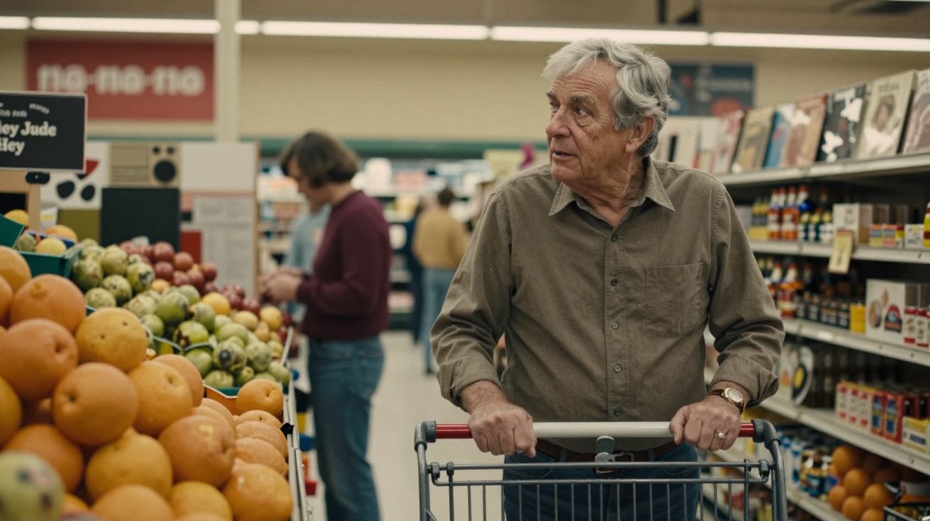 Homem idoso empurrando carrinho de compras num supermercado, próximo a secção de frutas e vegetais.