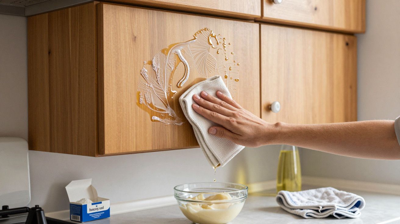 Mão a limpar um armário de madeira com pano. Molho derramado no armário, taça e caixa de bicarbonato na bancada.