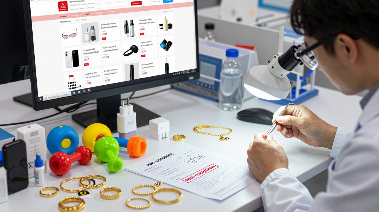 Homem inspeciona joias sob lupa em mesa de trabalho, com computador exibindo produtos online em segundo plano.