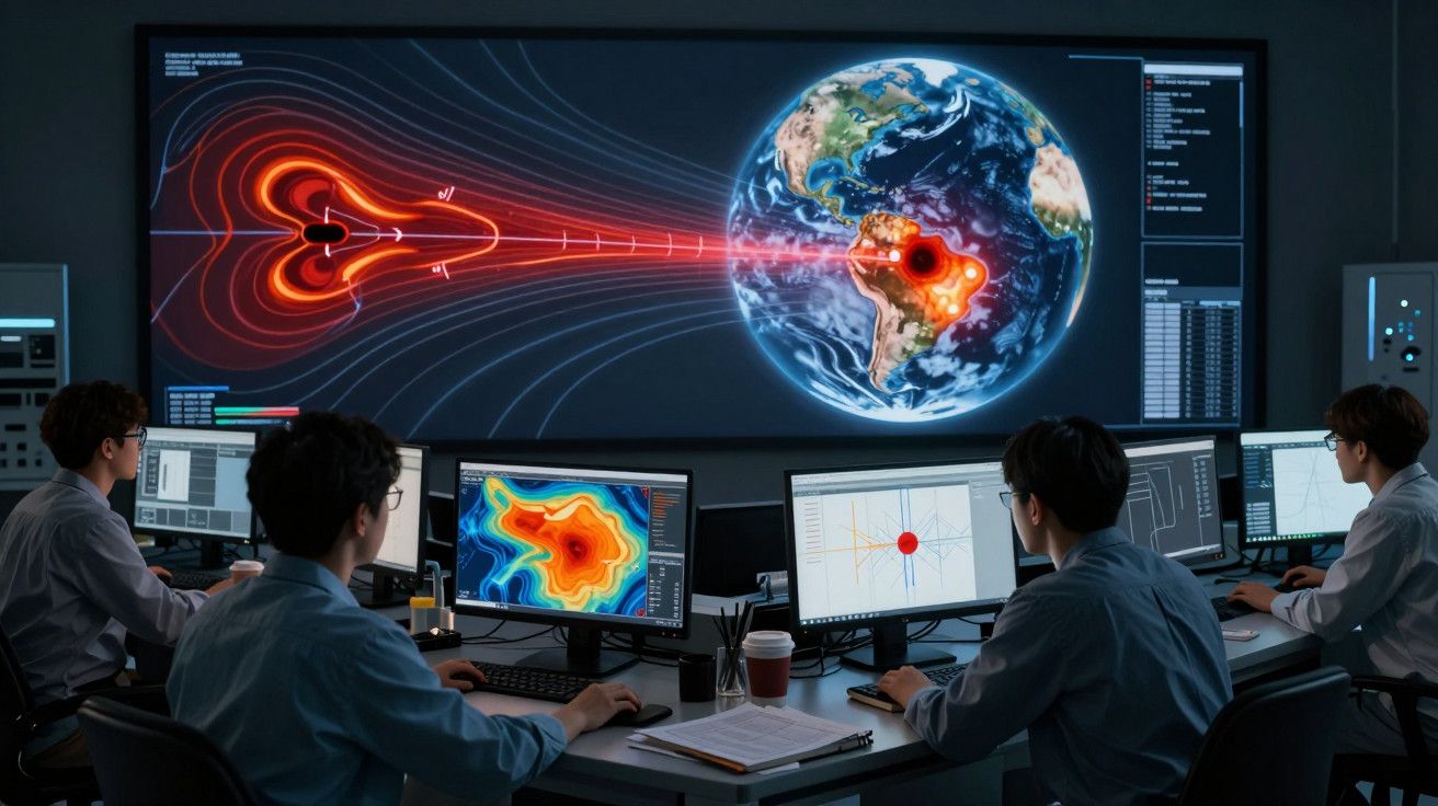 Cientistas analisam dados meteorológicos em ecrãs de computadores, com representação da Terra e fenómenos atmosféricos.