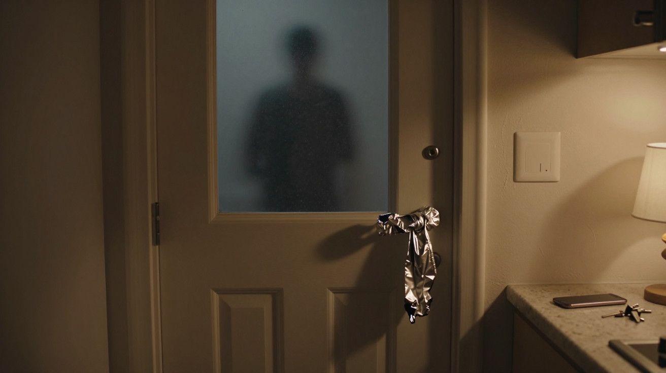Silhueta de uma pessoa atrás de uma porta fosca, com uma maçaneta coberta por fita adesiva prateada.