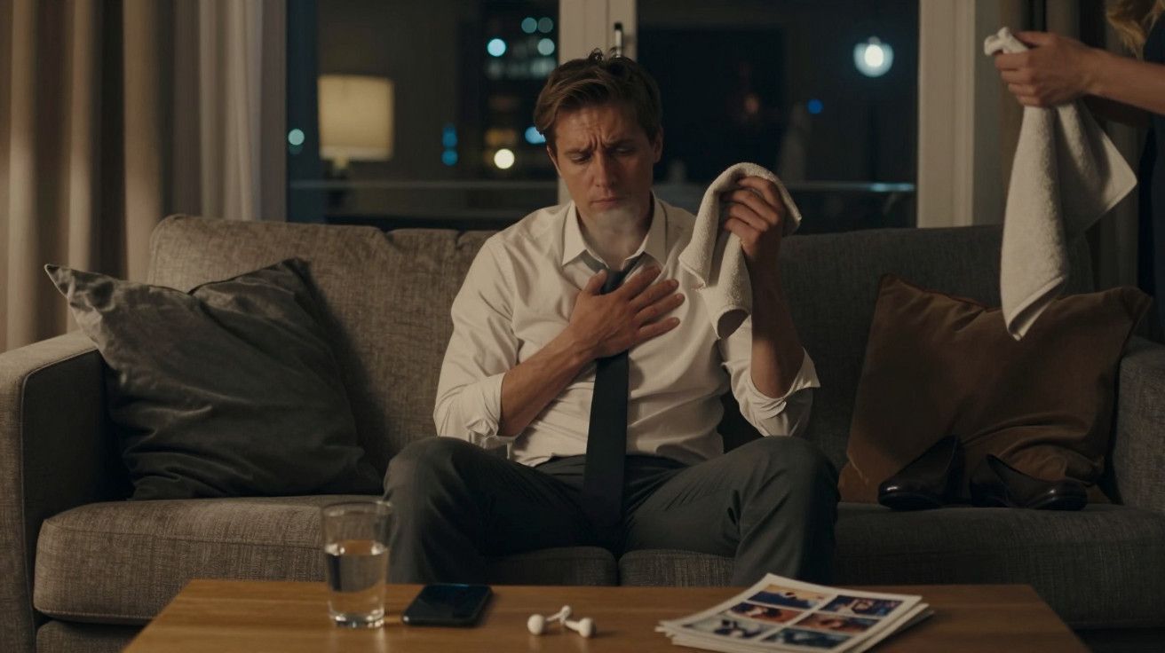 Homem sentado no sofá, de fato, parece preocupado. Há copo d'água e papéis na mesa, mulher à direita oferece toalha.