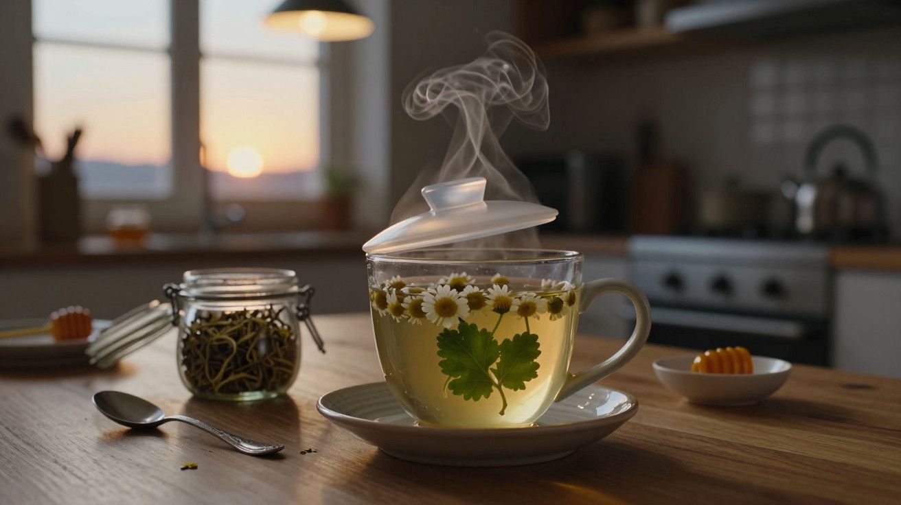 Chá de camomila em chávena de vidro com tampa, flores e vapor, numa cozinha iluminada pelo pôr do sol.