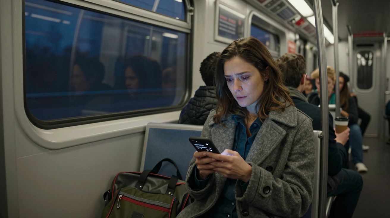 Mulher de casaco cinza olha para o telemóvel num comboio, com pessoas sentadas ao fundo.