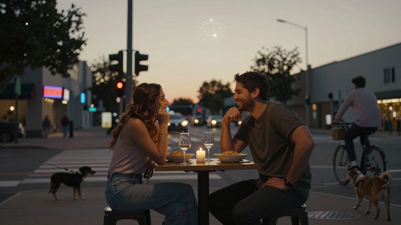 Casal a jantar numa mesa ao ar livre ao pôr do sol, com velas e copos de vinho na mesa.