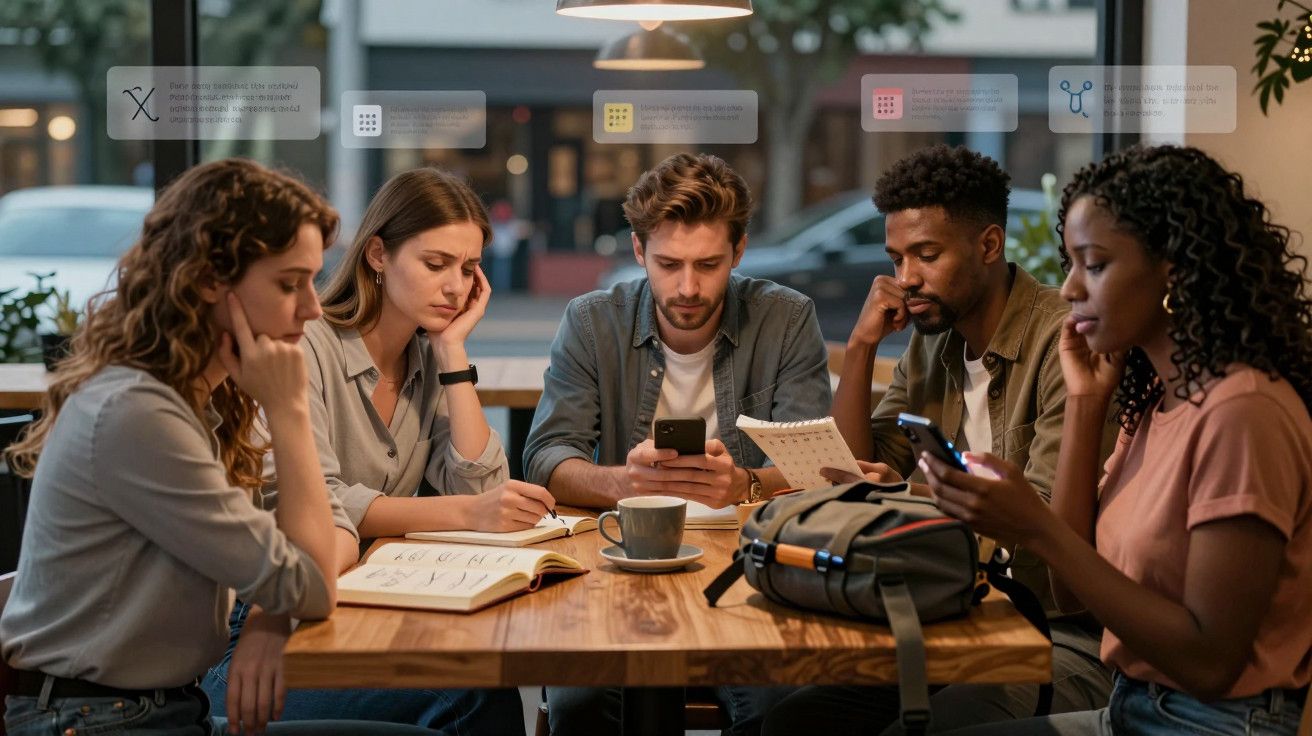 Cinco pessoas sentadas numa mesa de café, a utilizar smartphones e a consultar anotações.