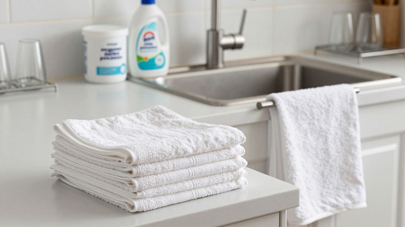 Toalhas brancas dobradas sobre bancada de cozinha, com produtos de limpeza e lava-loiça ao fundo.