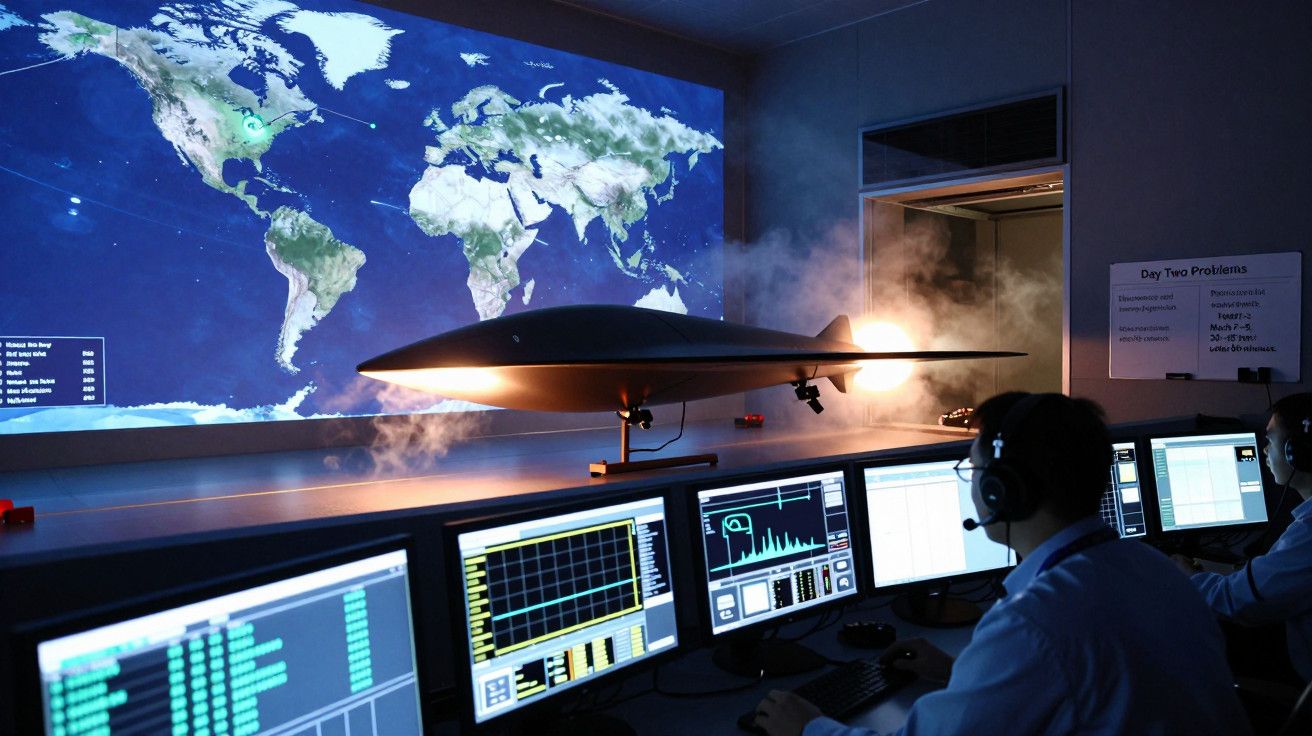 Sala de controle com operadores em frente a monitores, modelo de aeronave e mapa mundial projetado na parede.