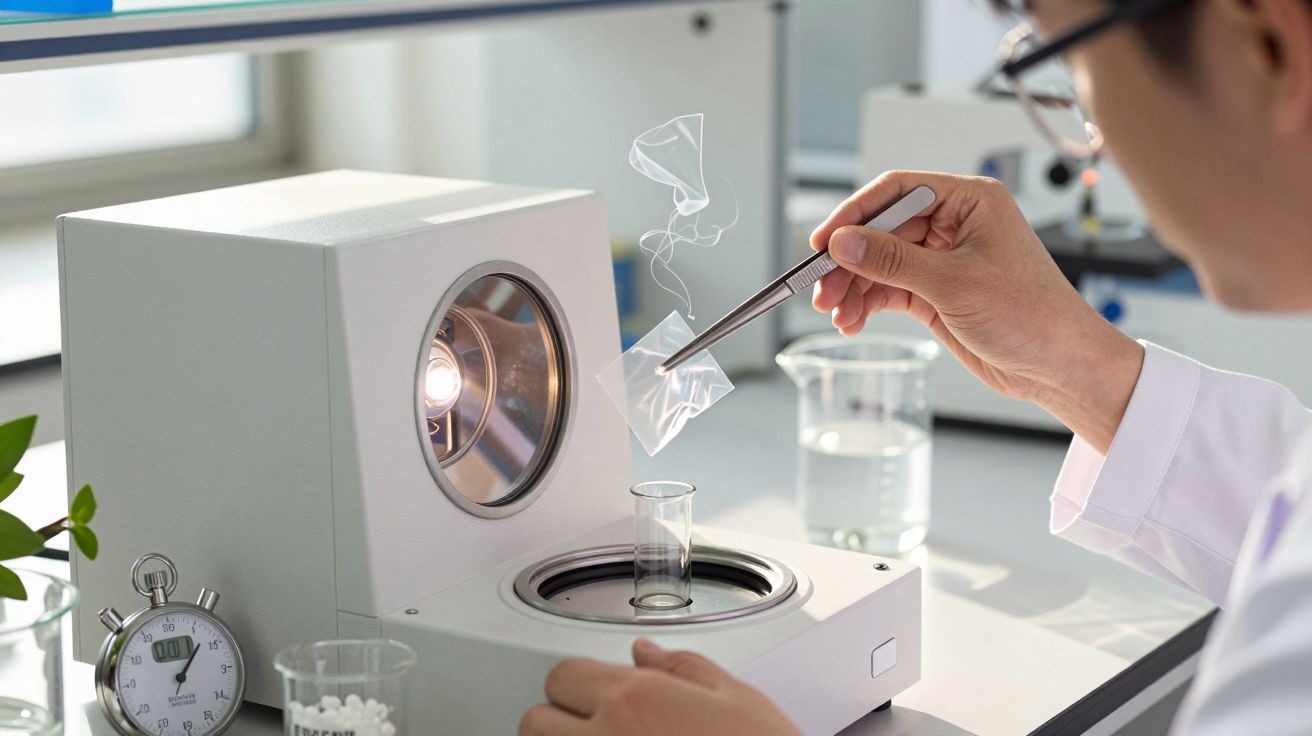 Cientista manuseia material com pinça ao lado de equipamento laboratorial e cronómetro.