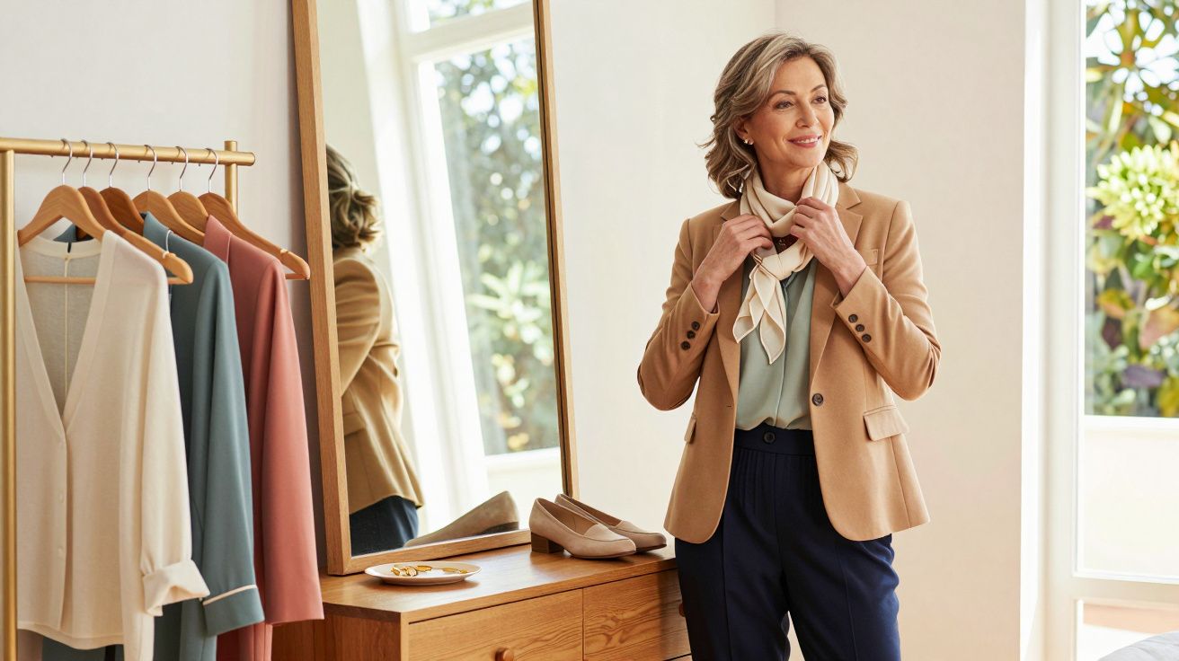 Mulher elegante ajeita lenço ao espelho. Veste blazer bege. Roupa colorida pendurada e sapatos sobre móvel ao lado.