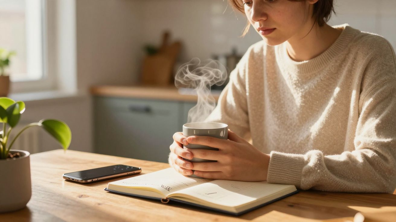 Mulher em casa com suéter bege segura chá quente à mesa, com livro aberto e telefone ao lado.