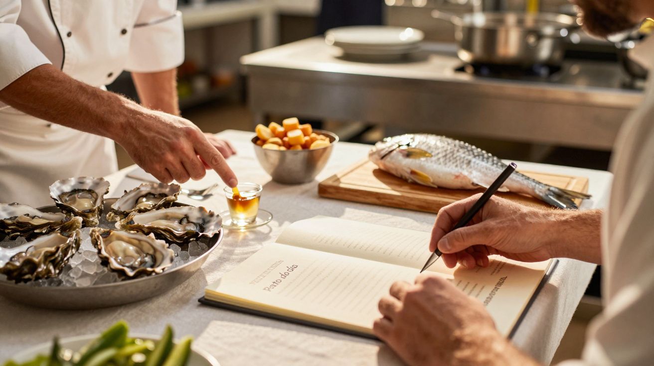 Chef aponta receita enquanto outro toma notas numa cozinha profissional com ostras e peixe fresco numa mesa.