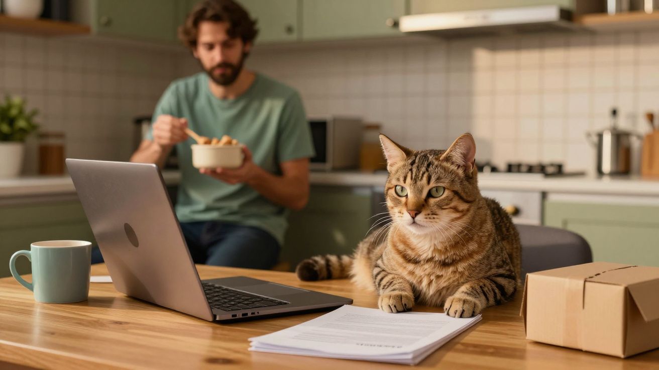 Gato deitado em mesa de cozinha ao lado de portátil e documentos; homem ao fundo come cereais.
