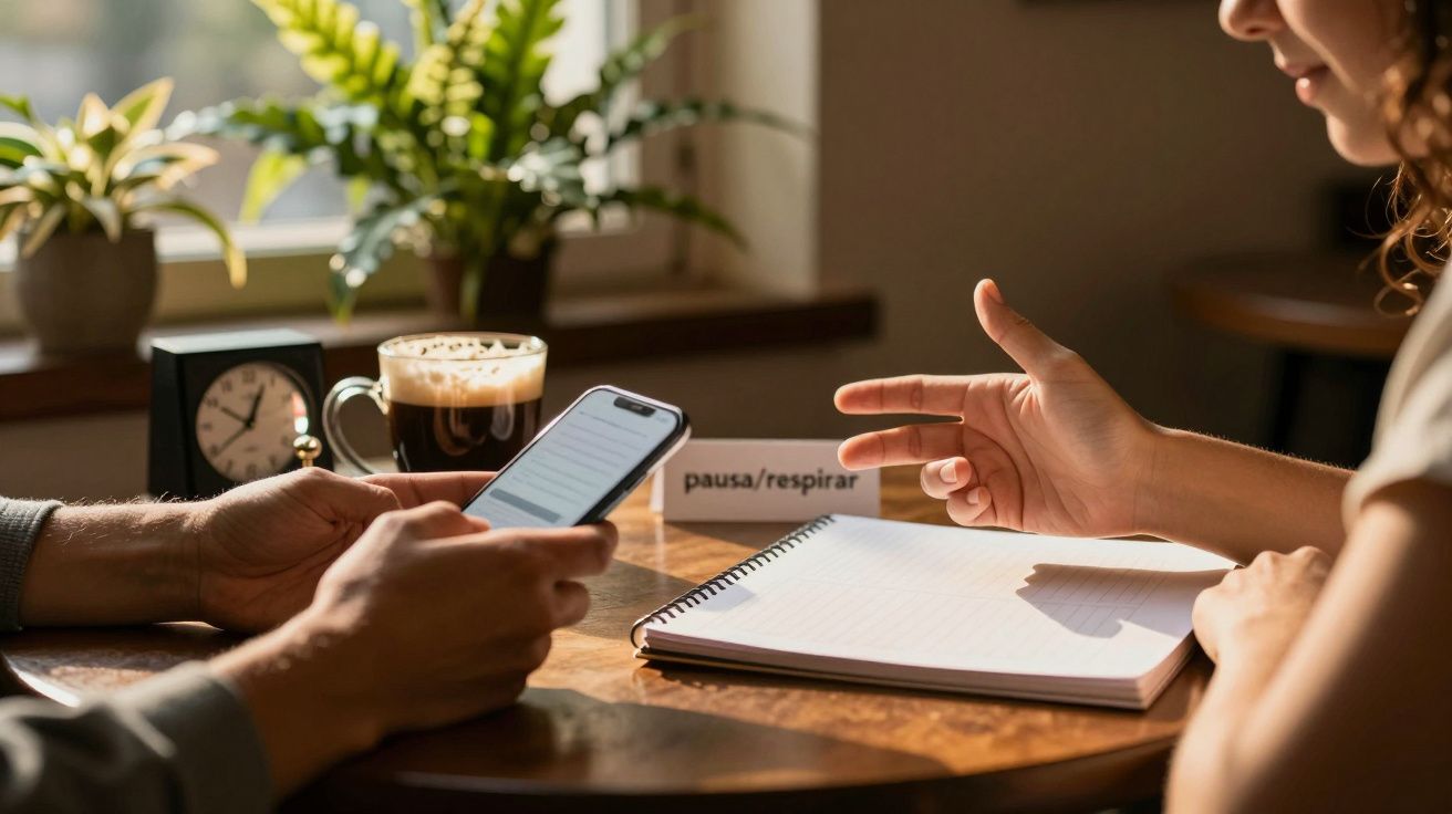 Duas pessoas numa mesa com telemóvel, caderno e café. Nota com “pausa/respirar” e relógio ao fundo.
