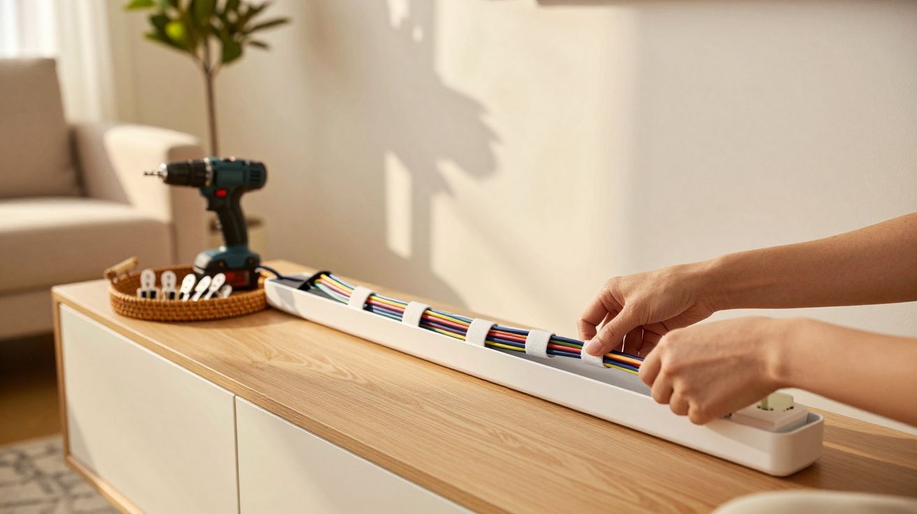 Pessoa a organizar cabos de cores numa caixa sobre um móvel de madeira, com berbequim e cesto próximo.