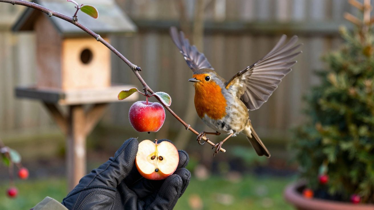 Pisco-de-peito-ruivo pousa num ramo ao lado de uma maçã, com uma casa de pássaros ao fundo.