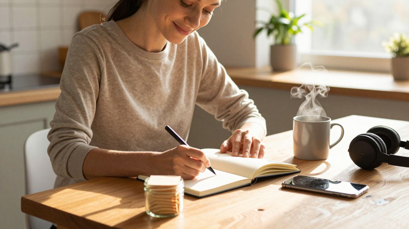 Mulher a escrever num caderno, com chá, bolachas e auscultadores na mesa, luz natural a iluminar a cena.
