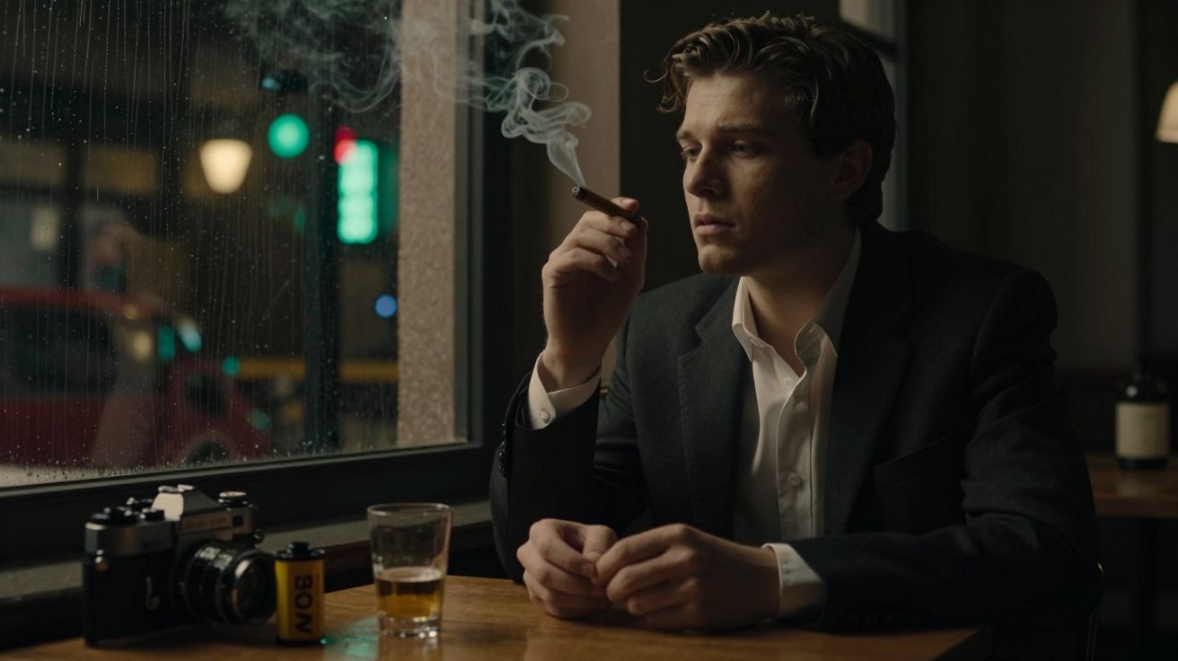 Homem de fato escuro fuma à janela de um café, com uma câmara, rolo de filme e copo de bebida sobre a mesa.