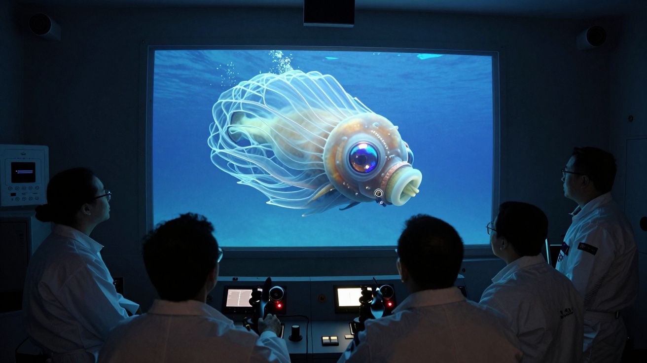 Homem observa imagem de peixe no ecrã de um computador, dentro de uma sala com janelas e equipamento tecnológico.