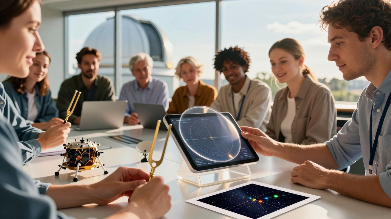 Grupo de pessoas discute astronomia com tablets e maquete, ao fundo um observatório.