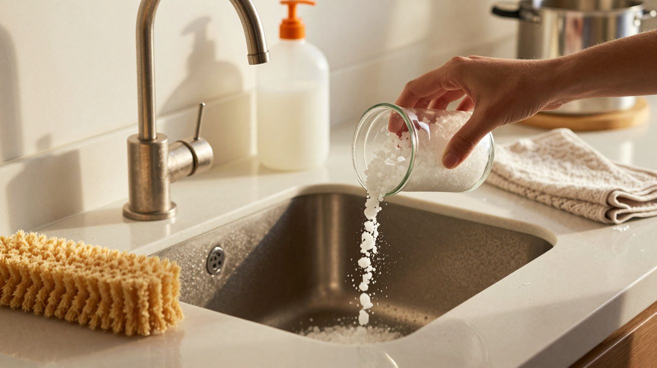 Mão despejando sal na pia da cozinha com esponja e toalha ao lado.