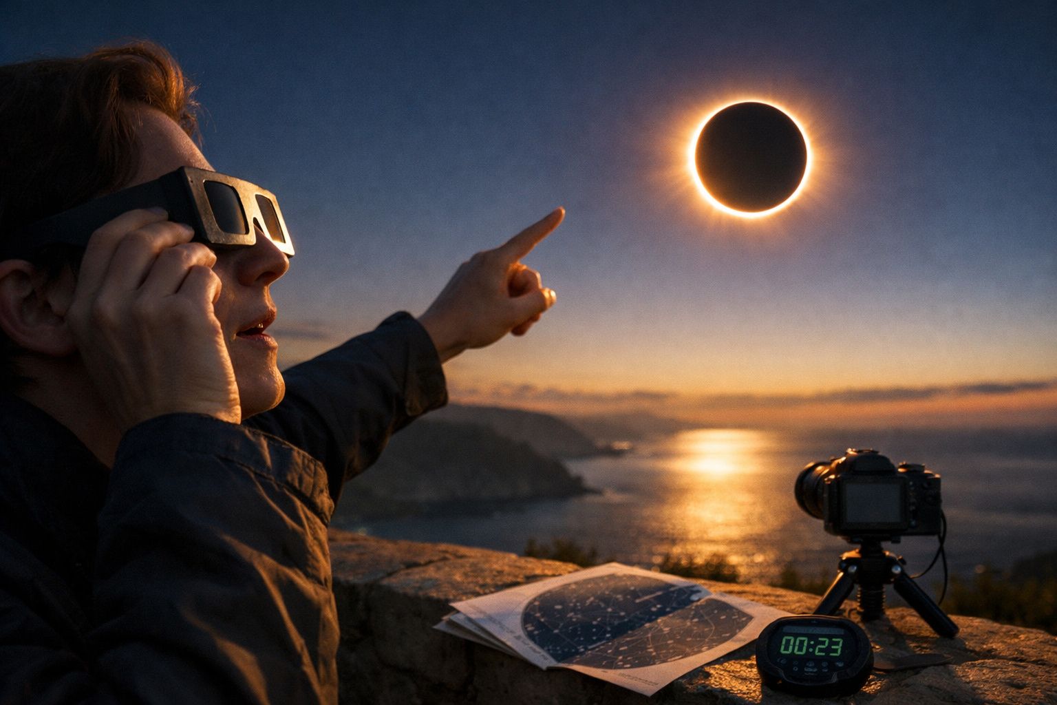 Mulher observa o céu com binóculos enquanto outras pessoas estão ao fundo num campo sob o pôr do sol.